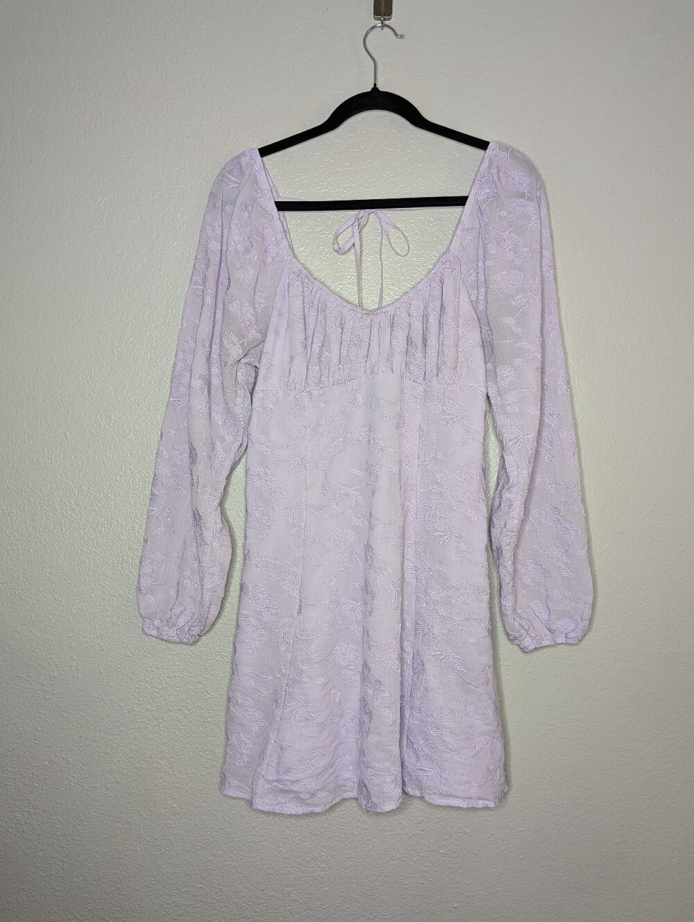wild fable Lilac Floral Embroidered Babydoll Puff Sleeve Tie Back Mini Dress L